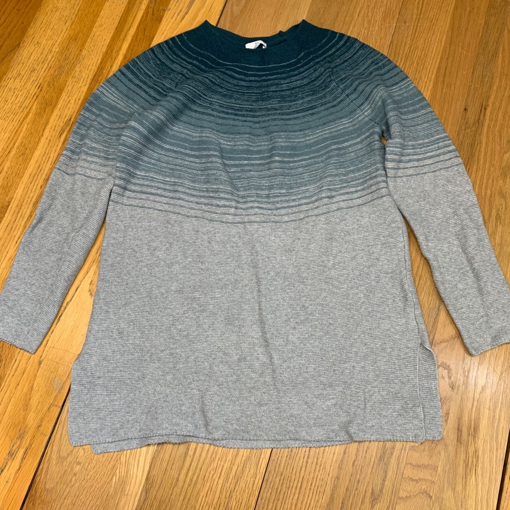 J. Jill Ombre Gradient Teal Grey Cotton Blend Garter Stitch Tunic Sweater Small